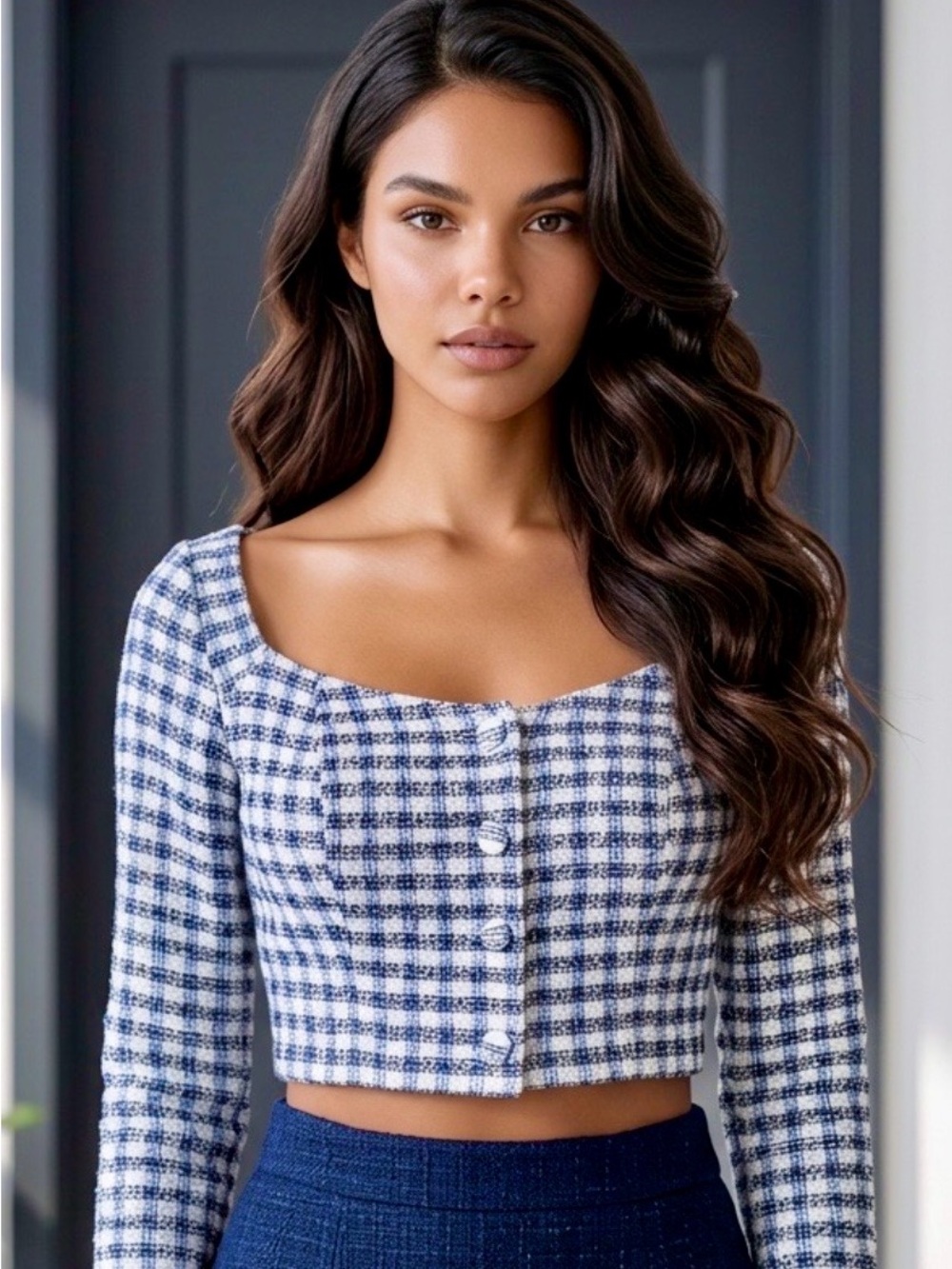 Zara Off The Shoulder Blue and White Cropped Tweed Button-Front Blazer Top